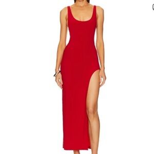 Norma Kamali Marissa Red Sleeveless, High slit Maxi Dress.